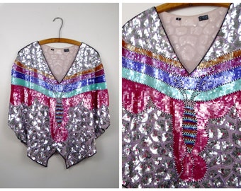 VTG Art Deco Sequin Blouse / Pink Purple and Silver Butterfly Beaded Top