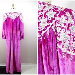 60s Magenta Velvet Pearl Beaded Couture Muumuu / 1960’s MCM Ornate Vintage Jewel Embellished Bright Pink Glam Soft Velour Kaftan House Dress