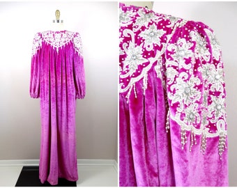 60s Magenta Velvet Pearl Beaded Couture Muumuu / 1960’s MCM Ornate Vintage Jewel Embellished Bright Pink Glam Soft Velour Kaftan House Dress