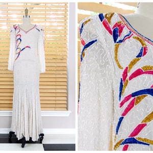 S/M 80s Beaded Vintage Gown // White Pink Blue & Gold Embellished Maxi Dress // Bright Art Deco Gown