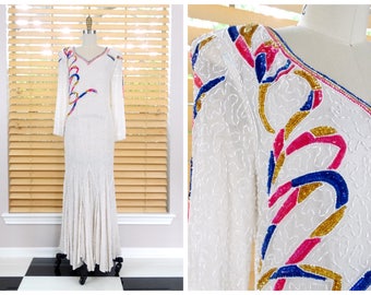 70s 80s Beaded Vintage Gown / White Pink Blue & Gold Embellished Maxi Dress / Vintage Dynasty Gown