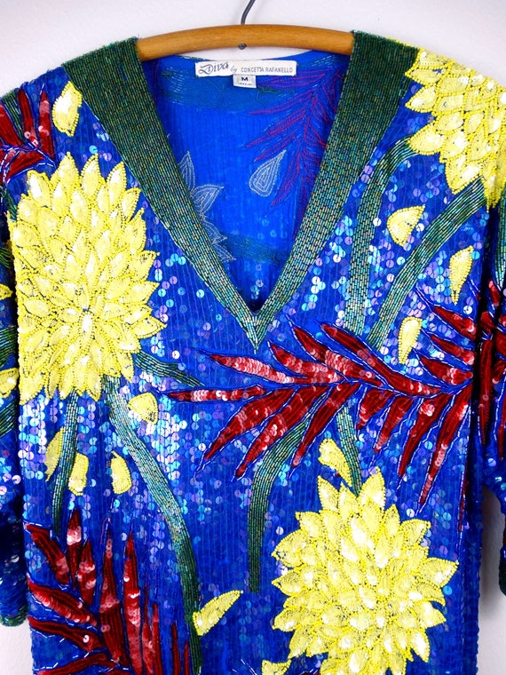 VTG Silk Beaded Sequin Top / Blue Red and Yellow … - image 3