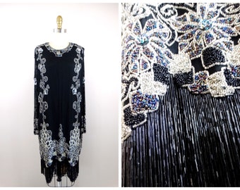 Naeem Khan Glass Beaded Fringe Dress // Heavily Beaded Sequin Dress // Silk Sequin Embellished Evening Gown