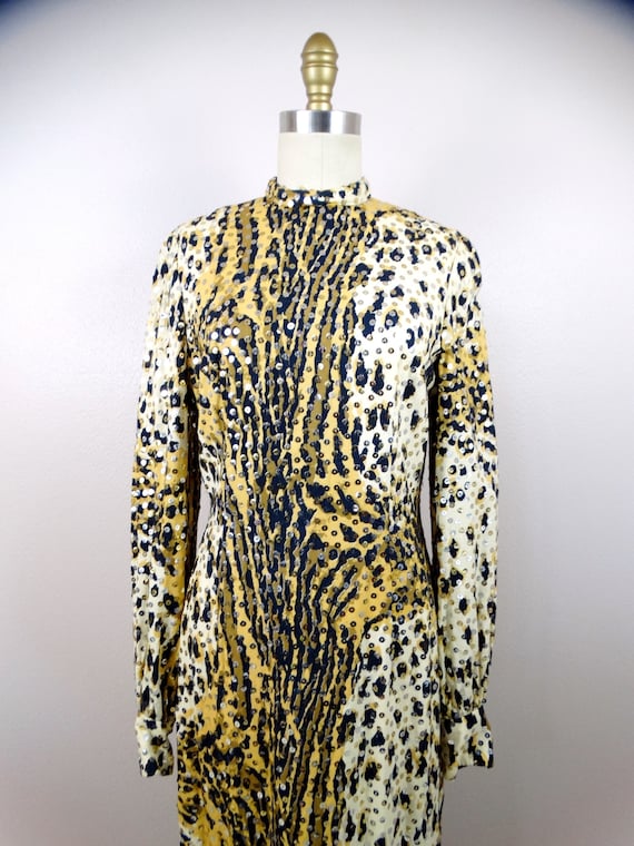 70s Couture Sequin Gown // 1970's Leopard Cheetah Tiger Gold
