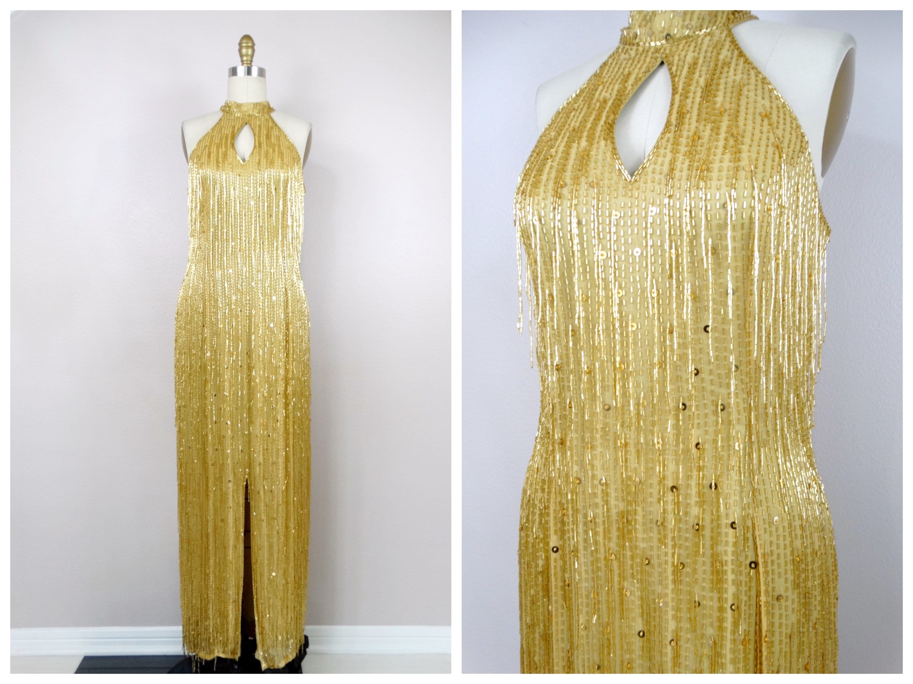 All Over Fringe Beaded Gold Gown // Fully Beaded Sequined Full Etsy