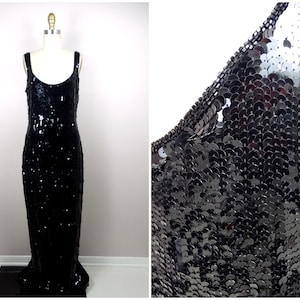 Liquid Sequin Embellished Gown / Jet Black Sequined Full Length Dress Size Large