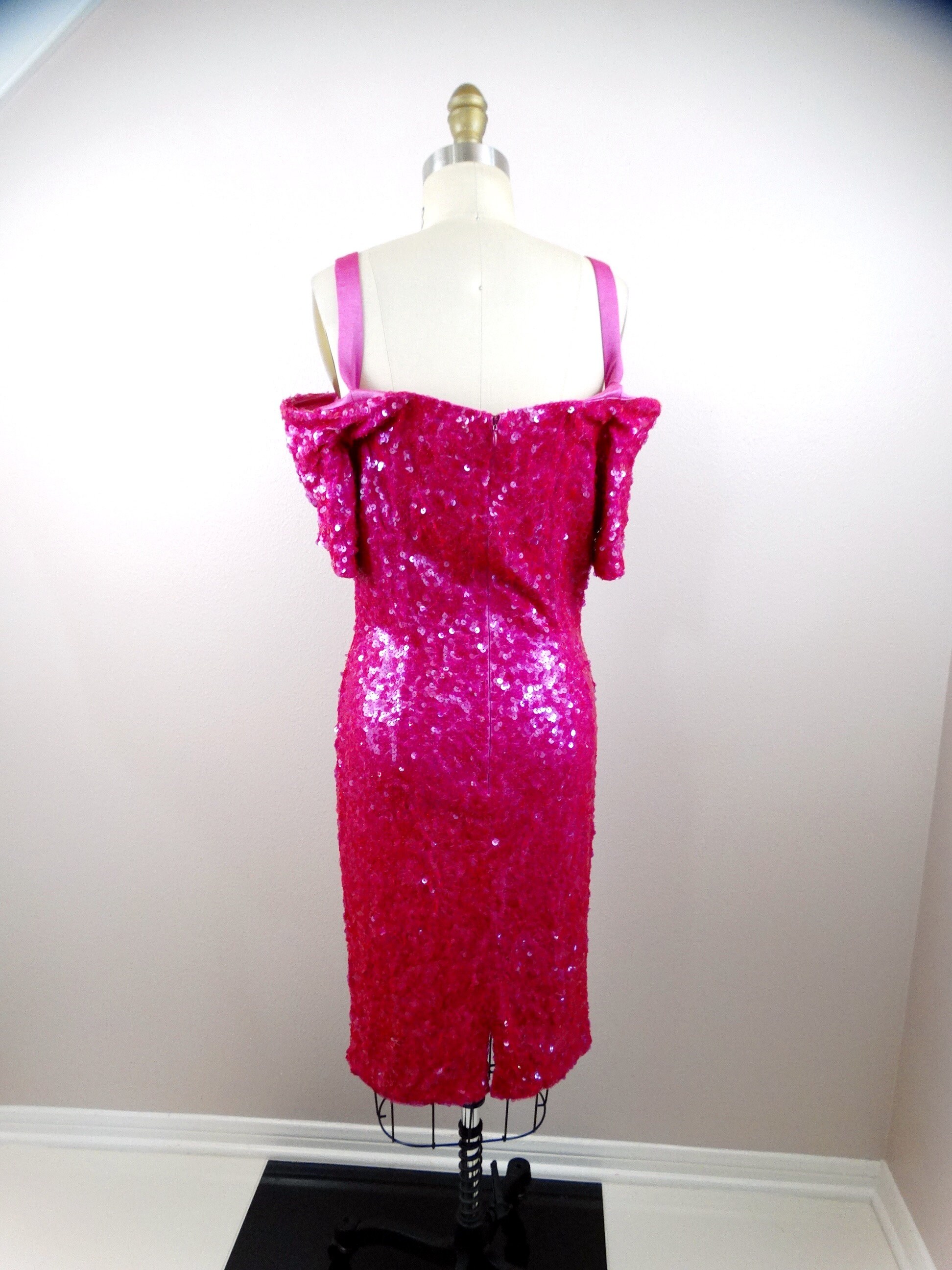 80s 90s Hot Pink Sequin Dress / Bright Sequined Cocktail Party Dress / BRAXAE Vintage Co.