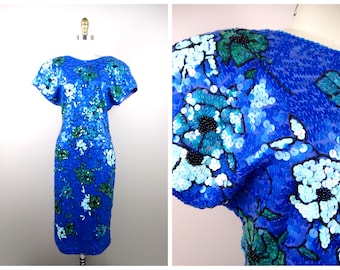 Bright Blue and Green Floral Sequin Dress // Stretchy Sequined Bodycon Midi • Braxae Vintage Co