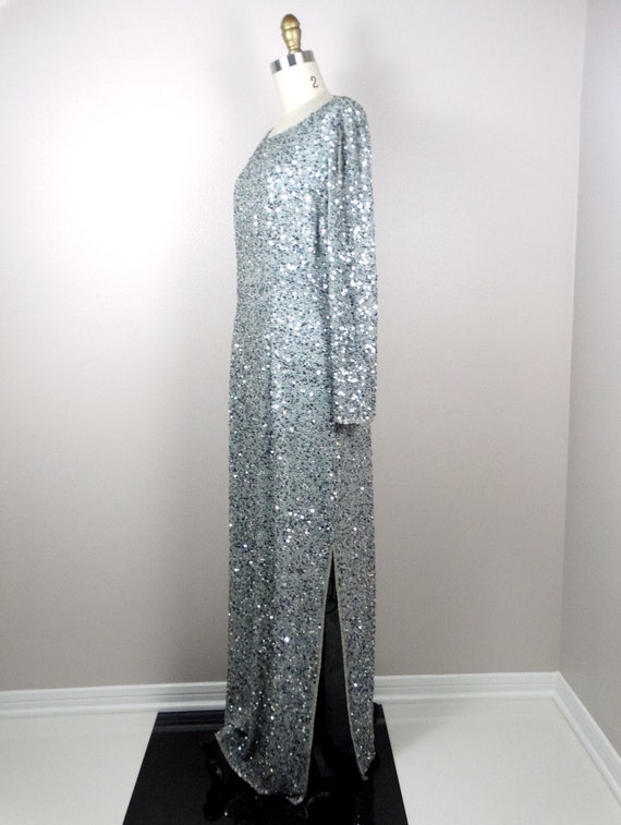 90s Fully Sequined Gown / Silver & Gray Beaded Si… - image 4