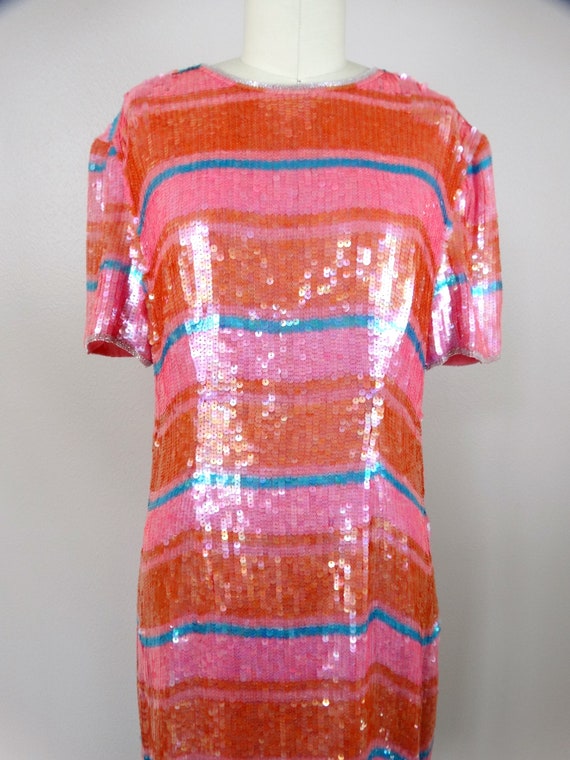 Pink & Orange Sequined Dress // Pastel Sequin Emb… - image 2