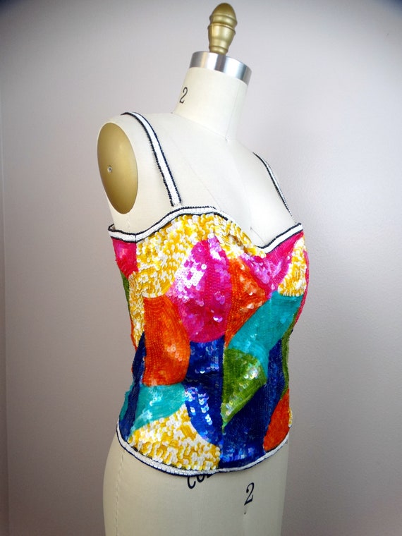 Neon Sequin Top / BRIGHT Vintage Beaded Bustier - image 2