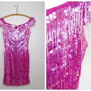Bubblegum Beaded Fringe Party Dress / Bright Pink Sequined Cocktail Dress / Iridescent Pink Sequined Prom Dress