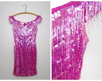 Bubblegum Beaded Fringe Party Dress / Bright Pink Sequined Cocktail Dress / Iridescent Pink Sequined Prom Dress