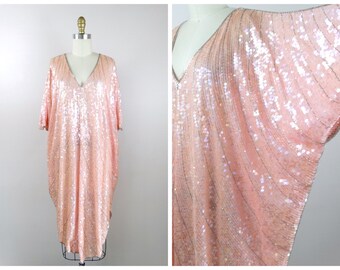 Plus Size Sequined Dolman Sleeve Kaftan / Iridescent Pink Vintage Sequin Embellished Beaded Dress / Oversized Sequined Kimono Dress