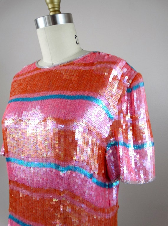 Pink & Orange Sequined Dress // Pastel Sequin Emb… - image 6