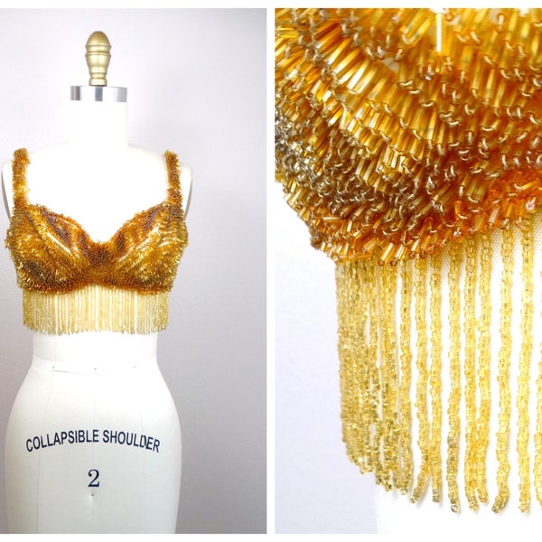 VTG Fringe Beaded Bra // Gold Embellished Madonna Bustier // Gold Beaded Brazier Top