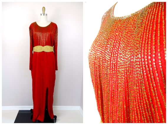 Plus Size Deco Beaded Gown / Red and Gold Beaded D