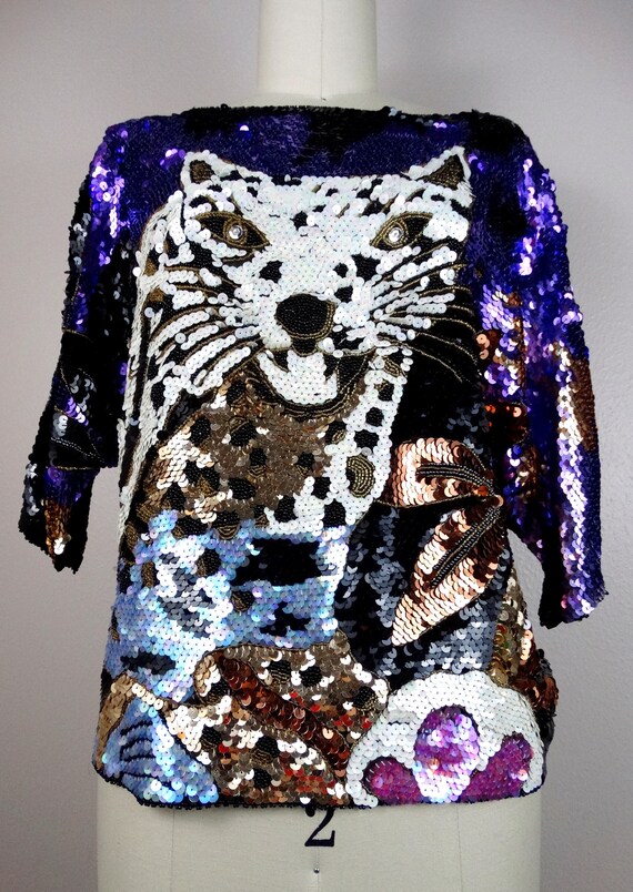 Wild Abstract Leopard Sequin Top / Funky Animal T… - image 3
