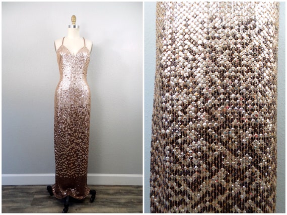 VTG Glam Gold & Brown Sequined Gown // Open Back … - image 1