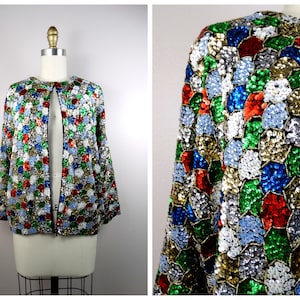 50s 60s Mosaic Sequin Cardigan / 1950’s 1960’s Red Green Blue Gold Beaded Shrug / Vintage Holiday Sweater Size 42