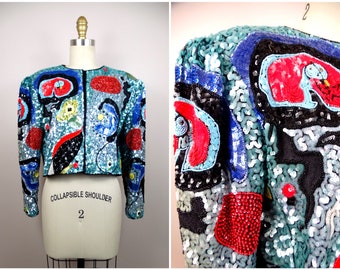 RARE Sequin Embellished Wearable Art Bolero / Designer Miro Sequined Beaded Cropped Jacket by Jeanette for St. Martin