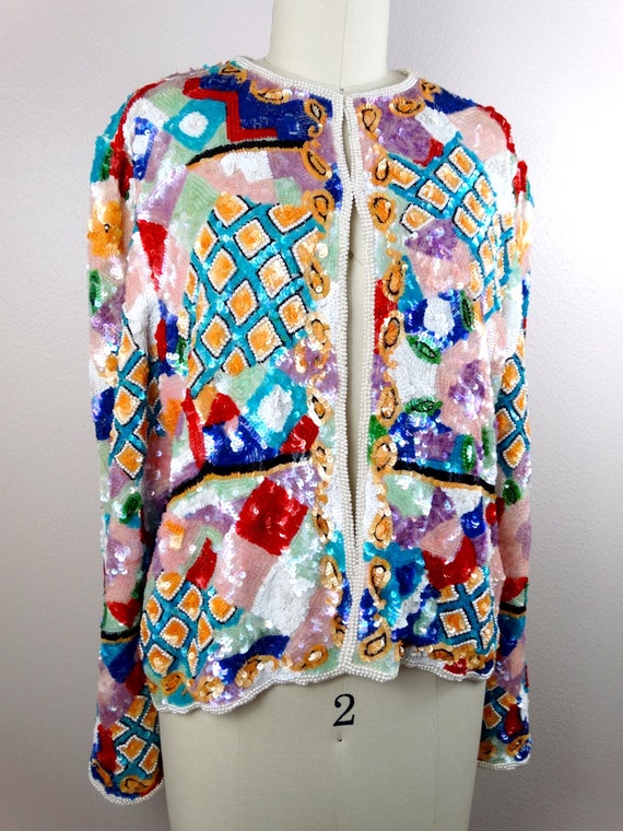 Colorful Couture Sequined Cardigan // Retro Sequi… - image 4