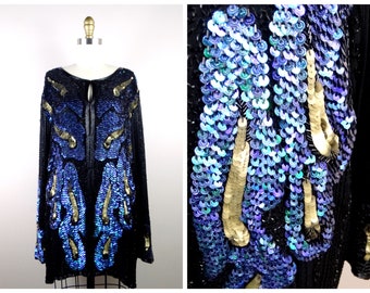 Plus Size Sequin Jacket // DAZZLING Iridescent Floral Beaded Sequined Blazer // Opalescent Blue Iris Formal Evening Jacket 1x