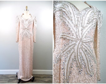 Vestido largo de seda rosa rubor con cuentas / Vestido largo hasta el suelo con muchos adornos / Vestido de seda para la madre de la novia de Lillie Rubin