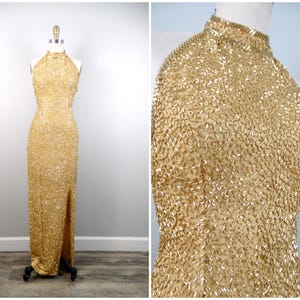 VTG Glam Gold Beaded Gown / Fully Beaded Dress / Open Back Embellished Gown XS