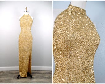 VTG Glam Gold Beaded Gown / Fully Beaded Dress / Open Back Embellished Gown XS