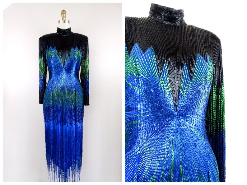 HEAVY Fringe Beaded Ball Gown // Bright Royal Blue Fringed Etsy