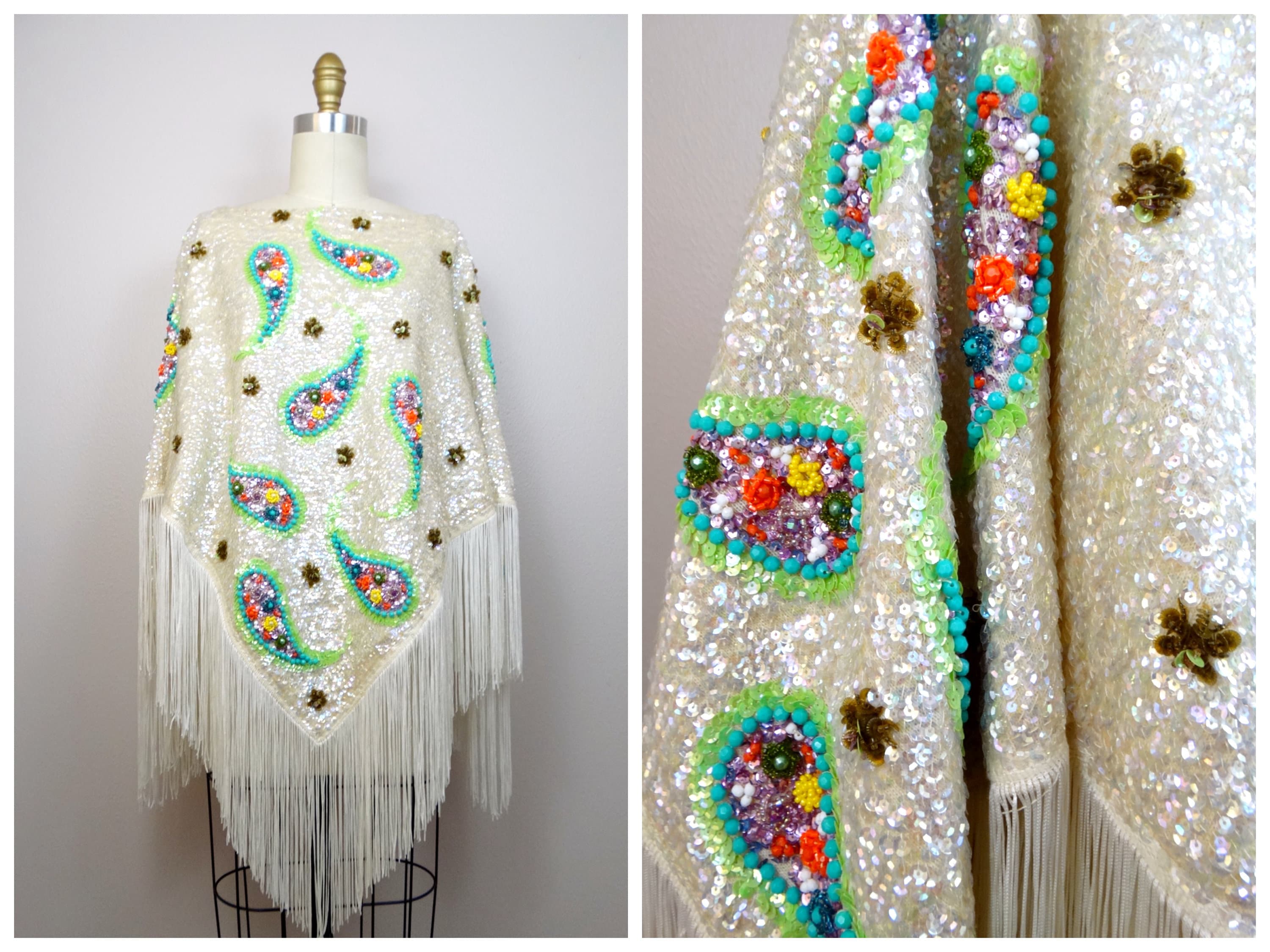 60s 70s Iridescent Sequin Beaded Fringe Poncho / Ivory