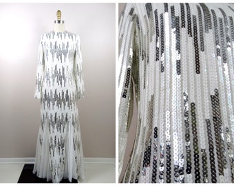 1970's Fully Sequin Wedding Gown / Retro 70s Vintage White and Silver Embellished Wedding Dress