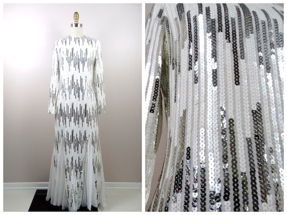 retro wedding dresses etsy 1970's Fully Sequin Gown / 70s Vintage White and Silver Embellished Wedding Dress This dress can be altered or customized to your request Restored Bridal Gowns Vintage -