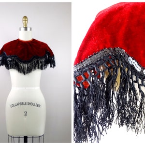 Antique Fringe Sequined Cape Collar // Vintage Black Sequin Embellished Maroon Velvet Caplet