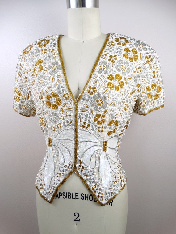 Pearl Beaded Vintage Couture Top // Gold Silver W… - image 5