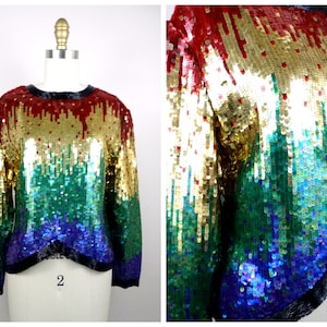 Rainbow Ombré Sequin Top // Red Gold Green and Blue Sequined Colorful Vintage Top