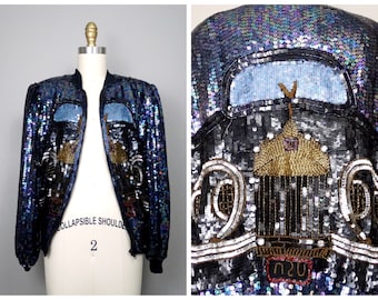 VTG Classic Car Scene Sequin Bomber Jacket // Retro Vintage Racing Novelty Sequined Jacket