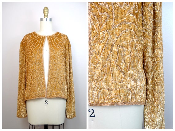 L/XL Metallic Gold Sequin Jacket // Matte Bronze … - image 1