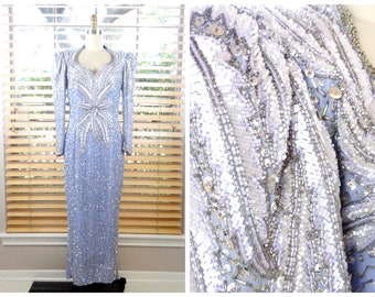 HEAVY Periwinkle Beaded Gown / Pastel Purple Silk Beaded Sequin Dress / Heavily Embellished Pageant Evening Gown