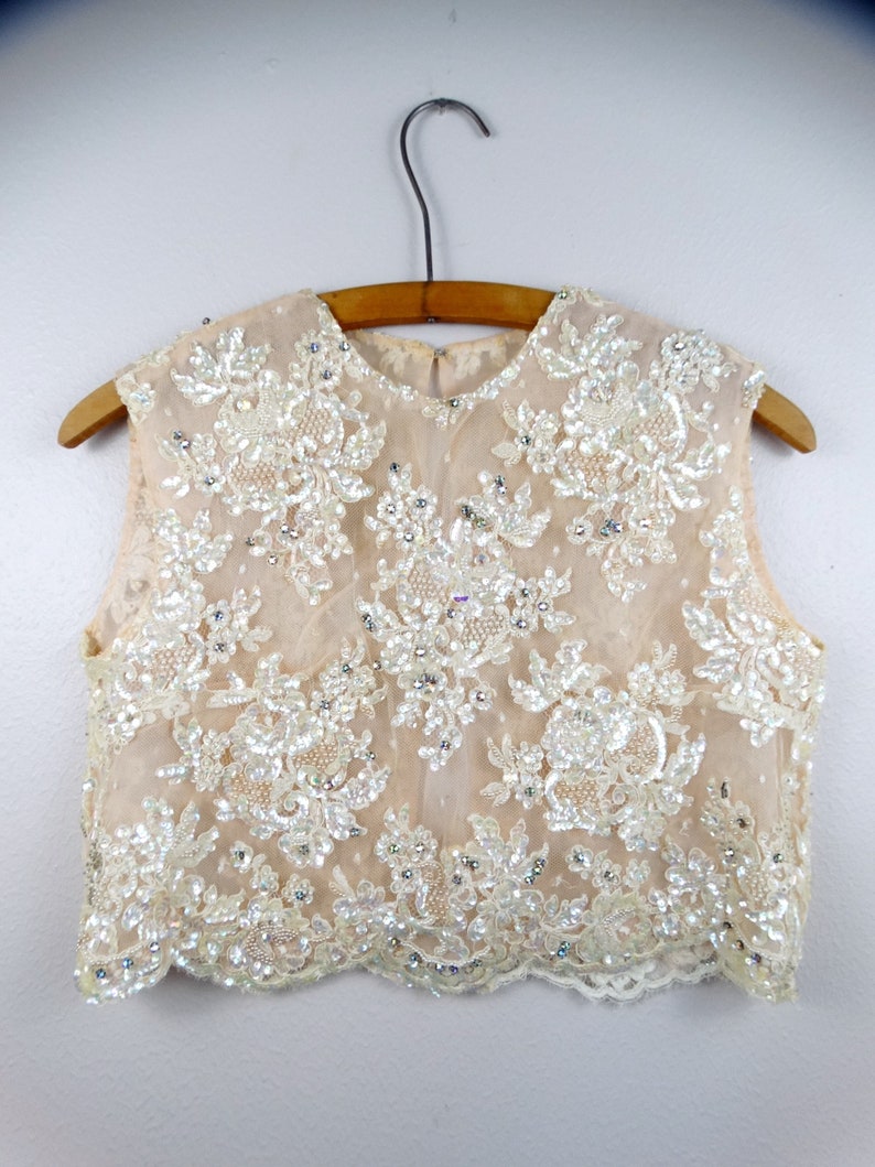 50s 60s Crystal Rhinestone Beaded Bolero Vest // Ivory Cream Lace Iridescent Sequin Embellished Bridal Crop Top w/ Jewels image 4