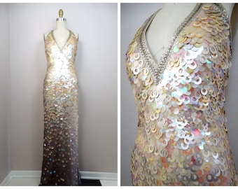 Champagne Gold Sequin Gown • Iridescent Paillette Sequined Bridesmaid Dress • Open Back Ombre Halter Gown