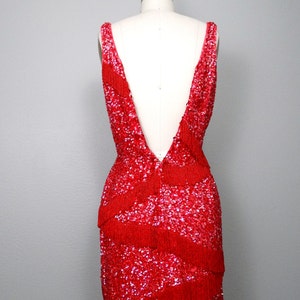 50s 60s Fringe Beaded Mini Dress / Vintage Heavily Beaded Sequined Dress / 1950s 1960s Wiggle Dress / Red Mini Dress image 4