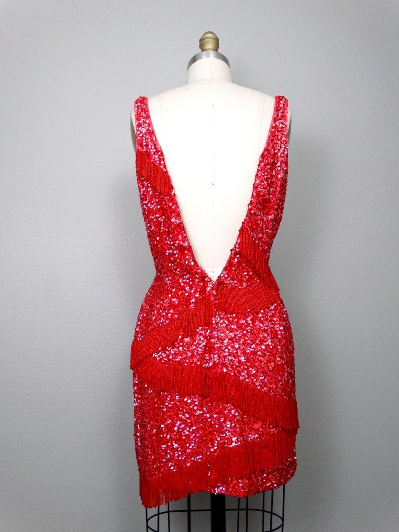 50s 60s Fringe Beaded Mini Dress / Vintage Heavily Beaded Sequined Dress / 1950s 1960s Wiggle Dress / Red Mini Dress image 4