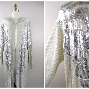 80s Silk Sequined Long Jacket // Jeanette for St. Martin Beaded Duster // Reflective Mirror Silver Sequin Embellished Kimono