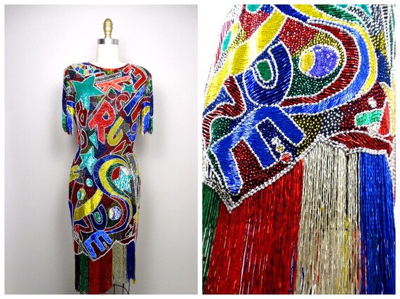 FUNKY Couture Fringe Beaded Dress // Rainbow Sequ… - image 9