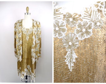 1990s Oleg Cassini Gold Beaded and Paillette Sequin Dress - Etsy