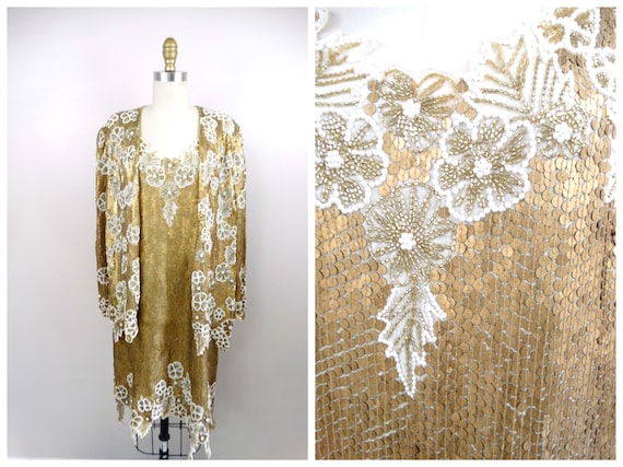 Metallic Gold Sequin Pearl Beaded Dress + Long Ja… - image 1