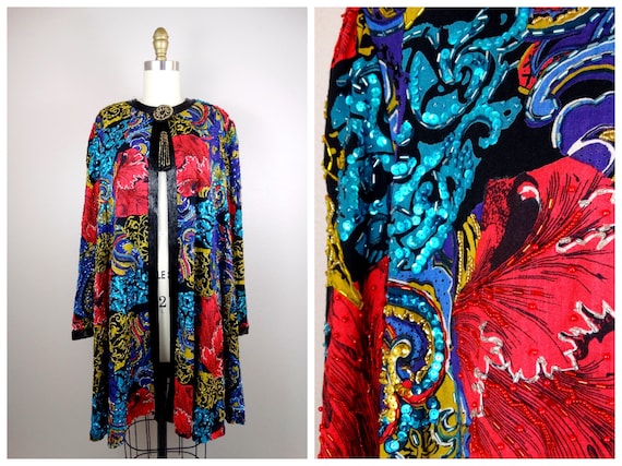 Ornate Vintage Sequin Swing Coat / Red Turquoise … - image 1