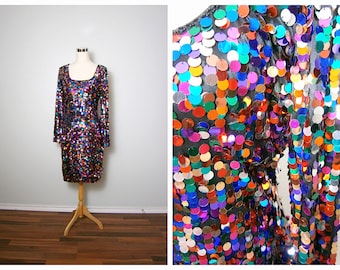 M/L Confetti Sequin Dress // Paillette Sequined Rainbow Dress // Colorful Paillettes Embellished Dress